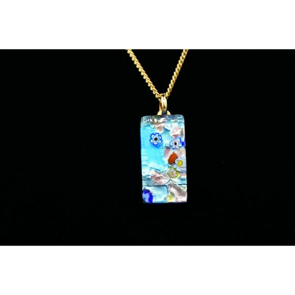 Artisan Handblown Glass Pendant Foil Blue Flower Rectangle Gold Tone Chain BinM - Picture 3 of 12